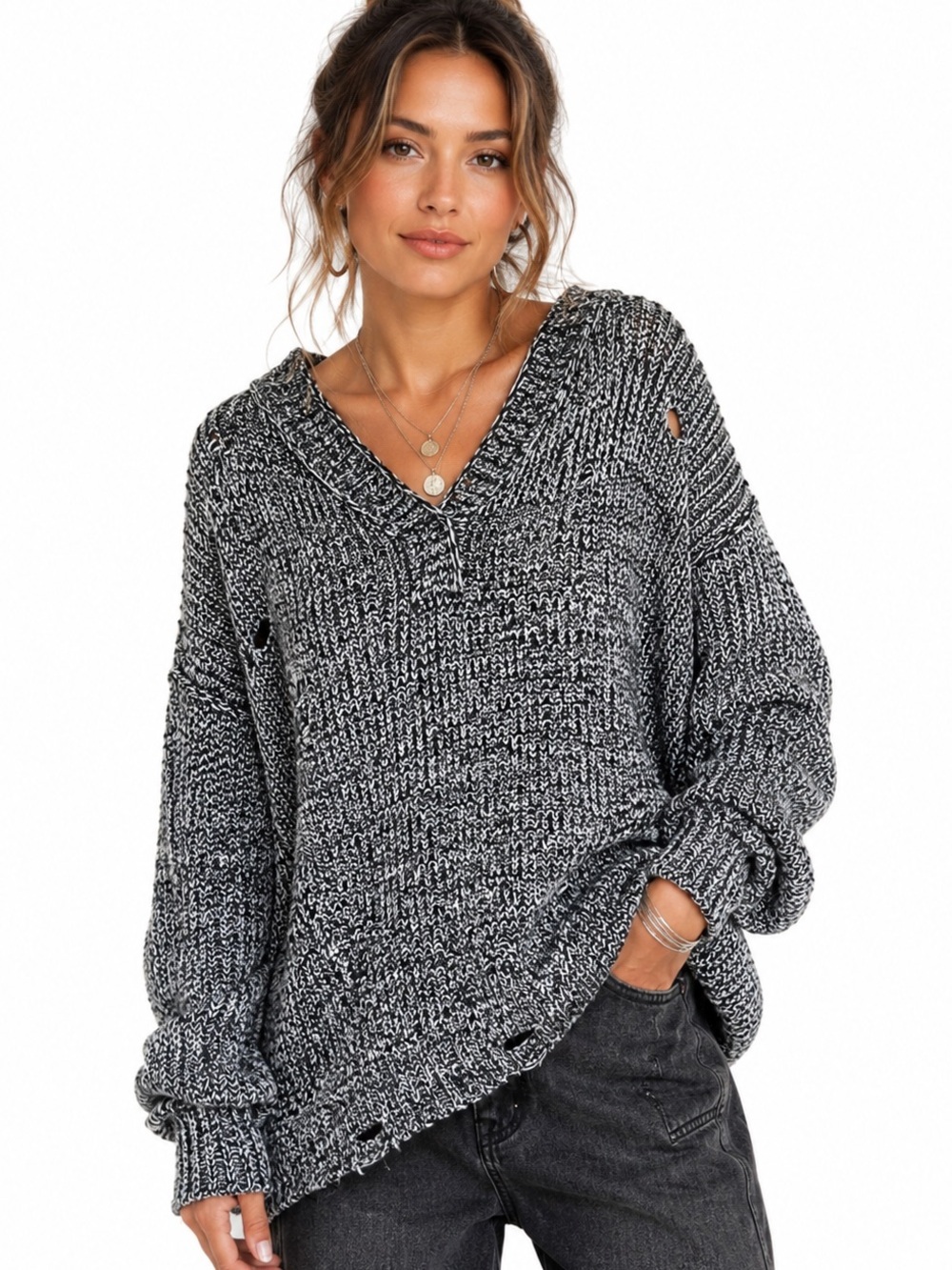 NWT BDG Urban Outfitters M Wyeth waffle knit V-neck sweater Marbled oversized